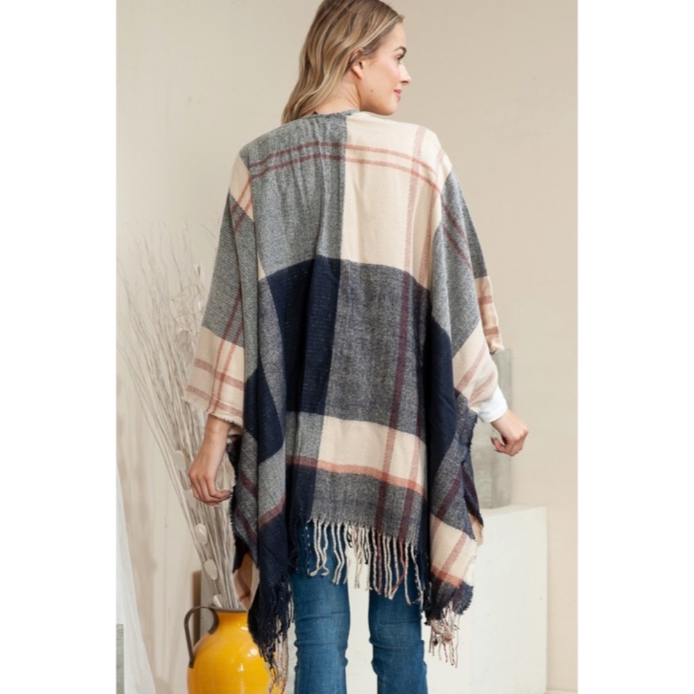 SOLD OUT Navy Plaid Knit Tassel Trim Fall Winter Women's One Size Kimono Wrap - Picture 2 of 6